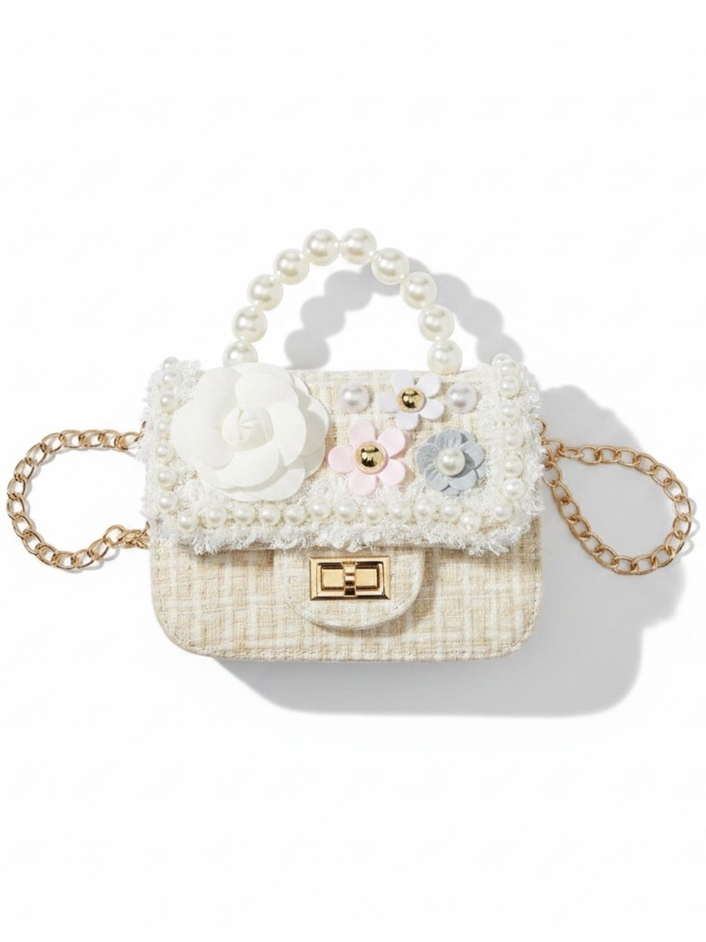 New Girls' Ivory Tweed Pearl-Trim Mini Crossbody Shoulder Bag Purse Chain Strap